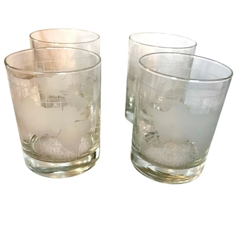 Set of 4 Vintage Nescafe Etched Glass World Map Globe Double Glass Tumblers